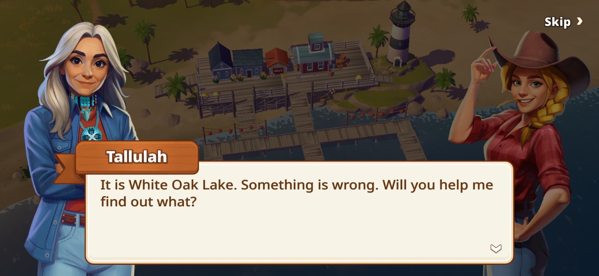 An in-game dialogue: the character Tallulah, beside a lakeside village, says &ldquo;It is White Oak Lake. Something is wrong. Will you help me find out what?&rdquo;