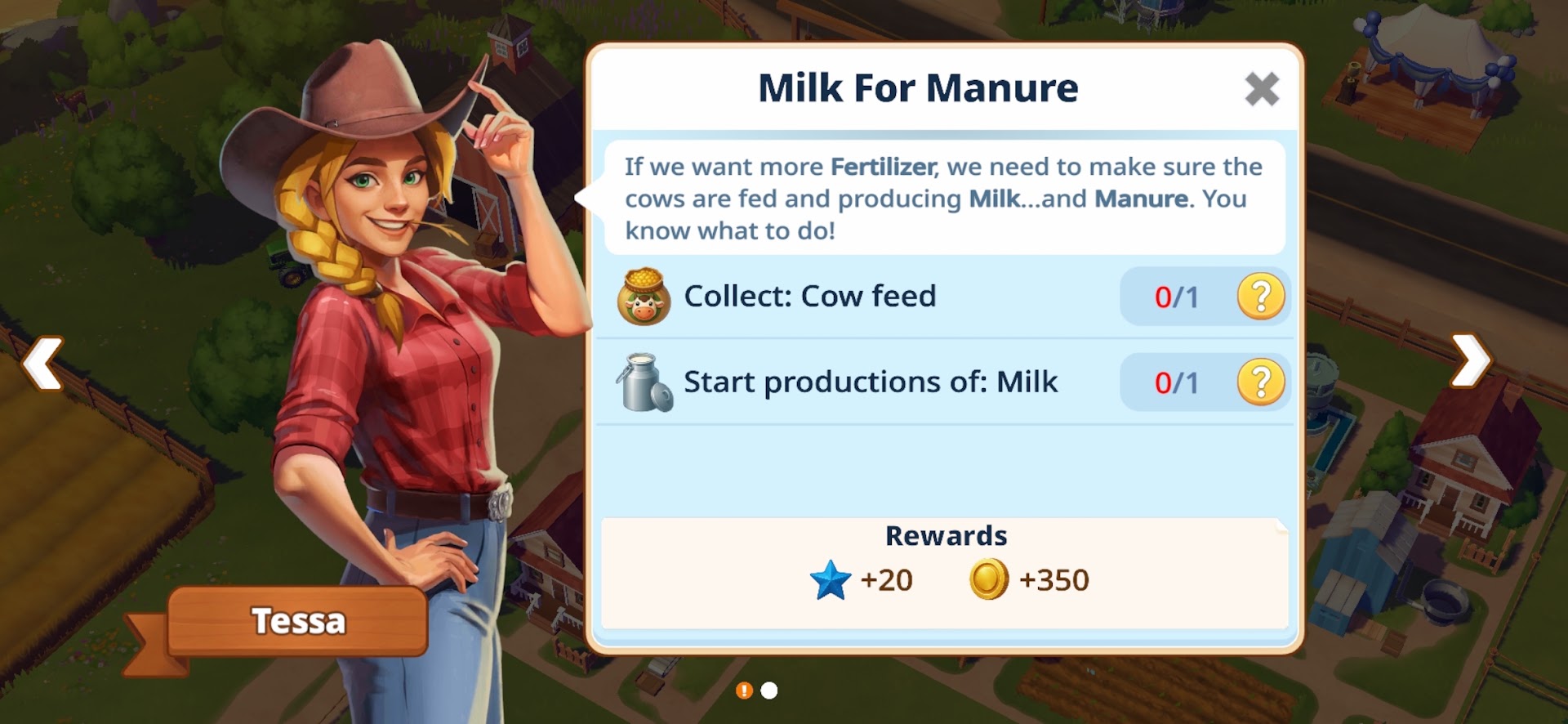 An in-game quest called &ldquo;Milk For Manure&rdquo;: the character Tessa explains why the player needs fertiliser, with objectives (collect cow feed, start milk production) and star and coin rewards listed below.