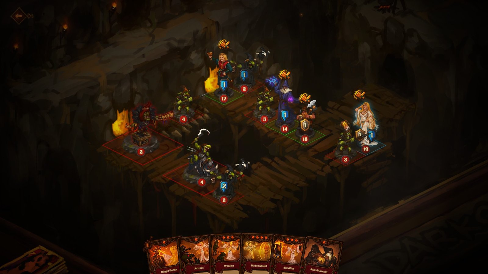A turn-based fight on a dark cavern bridge: four heroes and a purple-robed wizard face a pack of goblins, a hand of named cards dealt along the bottom of the screen.