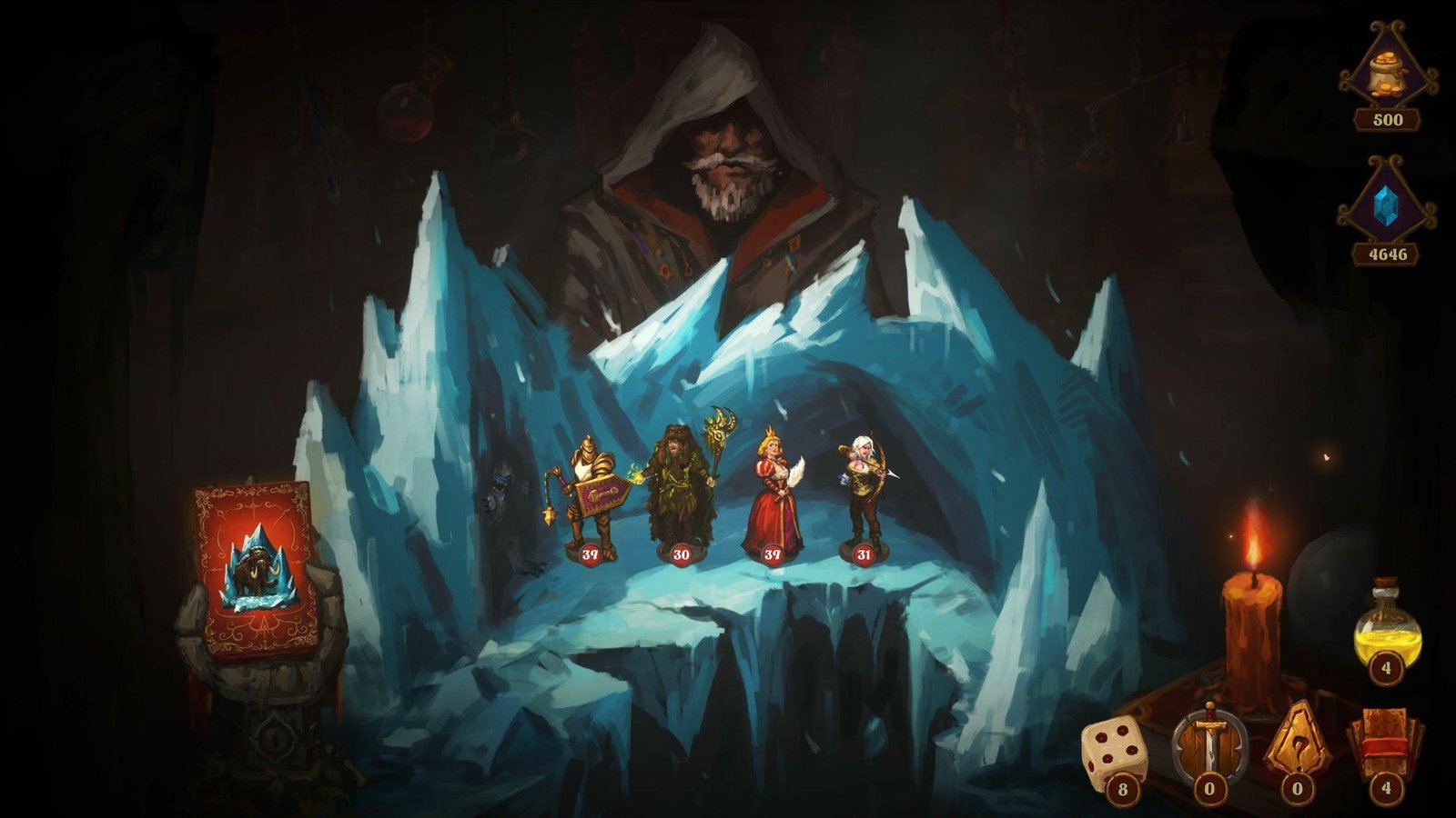A boss encounter in a blue ice cavern: the party of four stands on a frozen ledge beneath a huge hooded sorcerer worked into the cave wall.