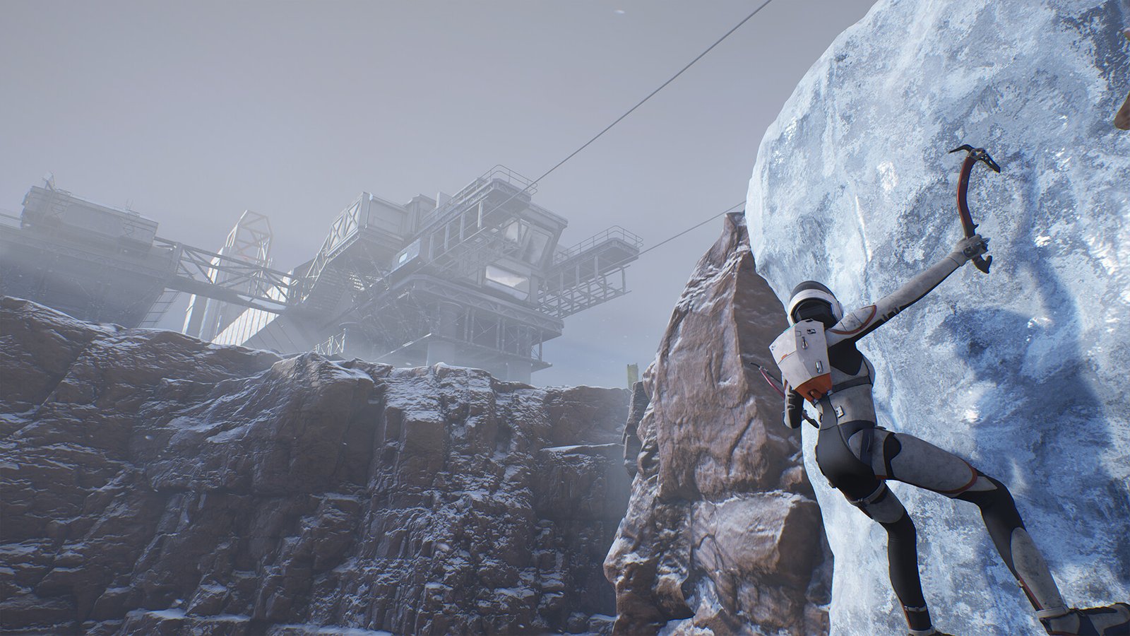 An astronaut ice-climbs a wall of blue glacier ice with a pick, a fogbound research facility behind.