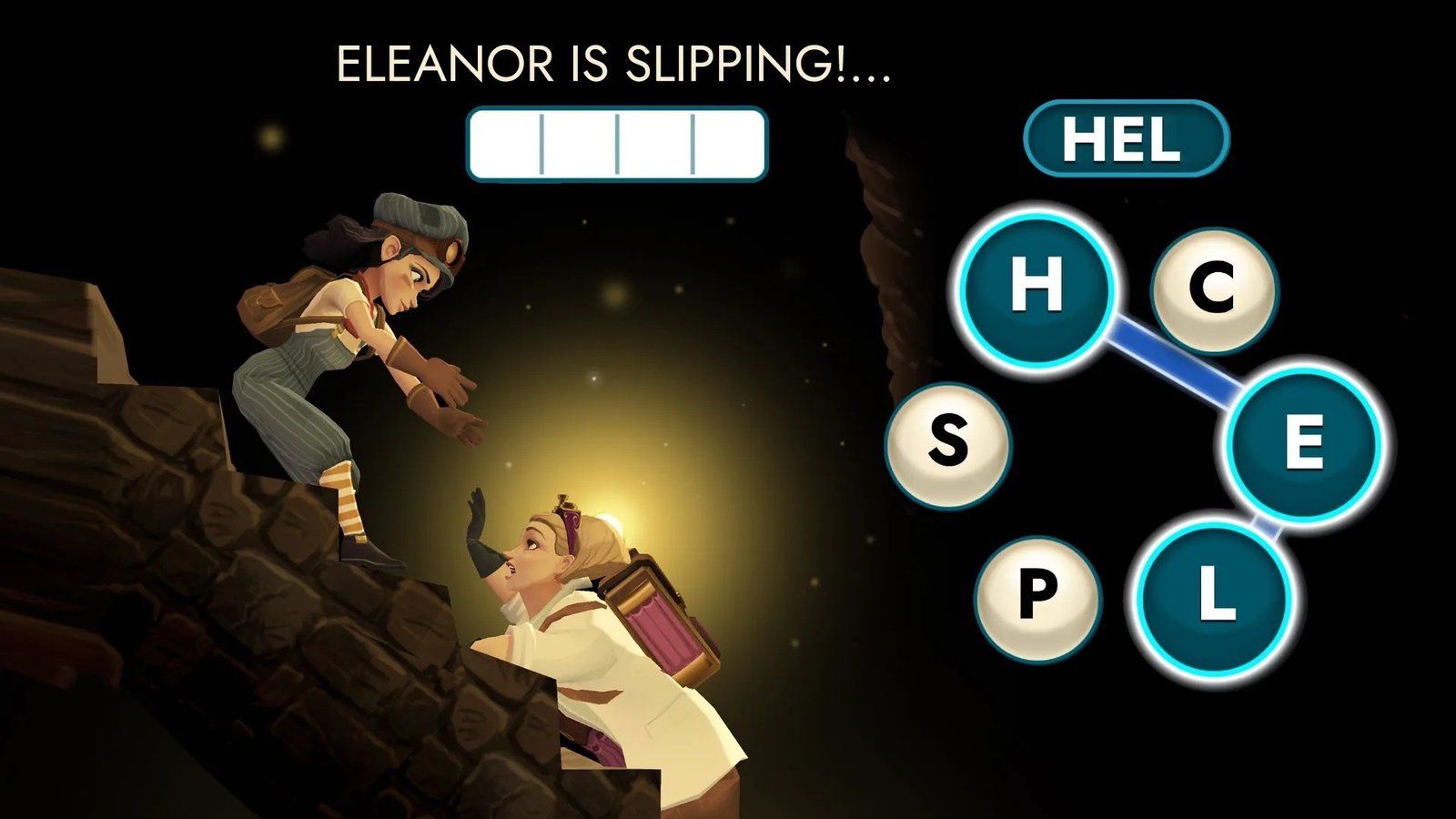 A story moment: Tilly reaches down toward a character slipping off a cliff edge, captioned &ldquo;Eleanor is slipping!&rdquo;, with the game's letter-connect word puzzle laid over the right of the screen.