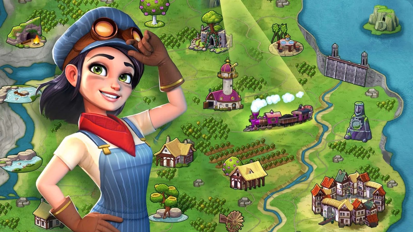 Tilly, in a striped conductor's cap and goggles, shields her eyes as she looks out over a bright fantasy world map dotted with villages, ruins, and her steam train.